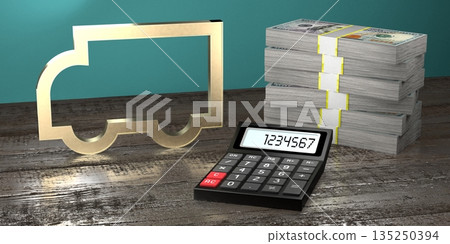 Truck shape, calculator and pile of money Truck shape, calculator and pile of money 135250394