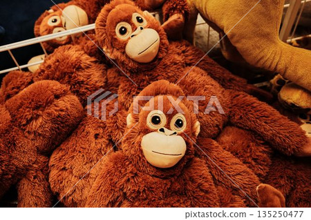 Group of brown plush orangutan toys with big eyes displayed in a bin under warm store lighting. Kid toys shop store concept Group of brown plush orangutan toys with big eyes displayed in a bin under warm store lighting. Kid toys shop store concept 135250477