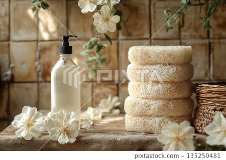 Product styling. Aesthetic space. Natural loofah sponges with cleaning agent on light ceramic tiles background. Product styling. Aesthetic space. Natural loofah sponges with cleaning agent on light ceramic tiles background. 135250481