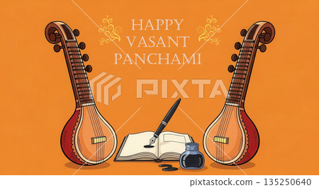 Traditional musical instruments, colorful background, celebrating Vasant Panchami festival, featuring harmonium, pen, ink, and book, symbolizing creativity and knowledge in vibrant atmosphere 135250640