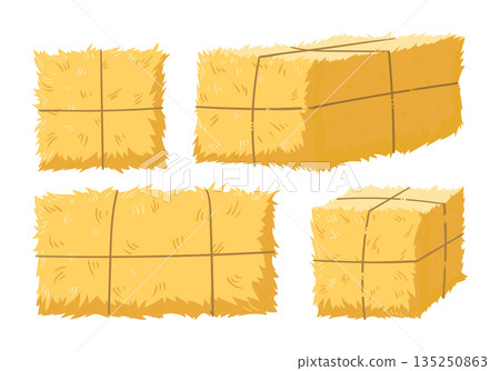 Bales of hay. Cartoon agricultural haycocks, rural haystack, fodder straw flat vector illustration set. Dried farm haystacks 135250863