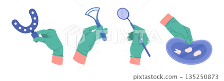 Dentist tools in doctors palms. Stomatologist hands in rubber gloves holding dental equipment, hands holding tools flat vector illustration set. Cartoon dentist hands 135250873