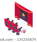 Isometric movie theatre visitors. People watching film on big screen, sitting in cinema chairs with popcorn and 3d glasses vector illustration. Watching movie on white background 135250874