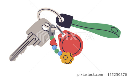 Keys bunch. Modern door keys with keychain, real estate property locking keys flat vector illustration. House keys on white background 135250876