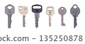 Modern door keys. Cartoon house, apartment or mailbox keys flat vector illustration set. Simple metal and plastic keys 135250878