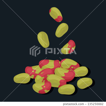 Raw pistachio nuts. Peeled pistachios handful, vegetarian diet organic tasty nut snack flat vector illustration. Tasty pistachio nuts 135250882