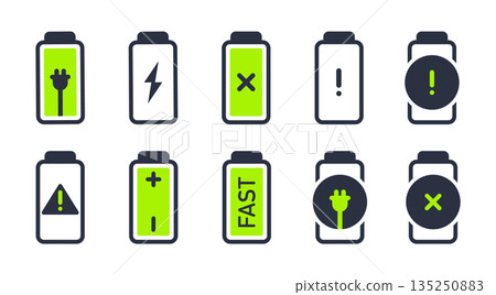Smartphone battery charging indicators. Mobile phone battery icons, cell phone battery charge levels. Flat vector illustrations set 135250883
