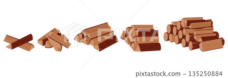 Stacked firewood. Cartoon wooden logs for kindling fireplace, wood industry materials flat vector illustration set. Bonfire firewood on white 135250884