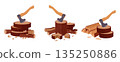 Wood chopping. Cartoon stacked woodwork, lumberjack ax workplace, firewood wooden logs flat vector illustration set. Wooden logs with axe 135250886