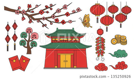 Colorful illustration featuring traditional Chinese New Year elements like lanterns, cherry blossoms, and a pagoda, symbolizing celebration and cultural heritage with vibrant details 135250926