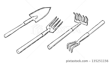Set of garden tools shovel fork rake and hand cultivator in black and white outline drawing isolated on white background 135251156