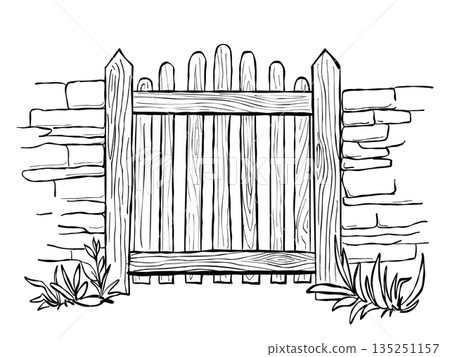Rustic wooden garden gate set in stone wall black and white hand drawn line illustration with plants and grass 135251157