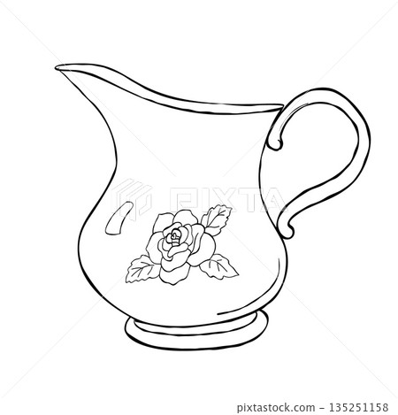 Hand drawn ceramic pitcher with floral rose motif vintage water jug milk cream server minimal black line art isolated on white 135251158