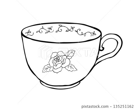 Vintage floral teacup with rose motif and vine rim pattern isolated on white black and white hand drawn line art 135251162