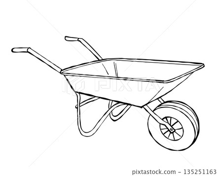 Hand drawn wheelbarrow garden cart with single wheel minimal black line art illustration isolated on white 135251163