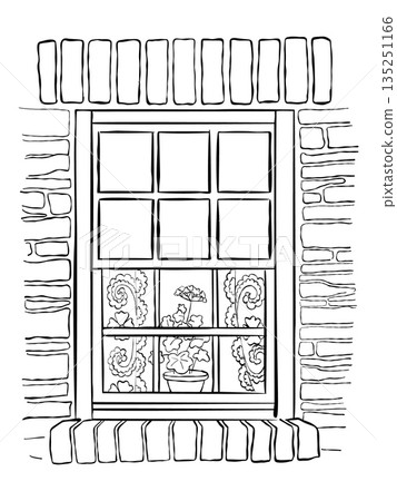 Hand drawn brick house window with lace curtains and potted flower cozy vintage exterior scene in black and white line art 135251166