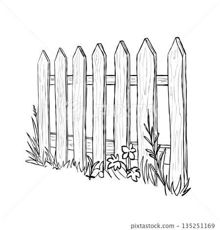 Hand drawn wooden picket fence with wildflowers and grass rustic garden border scene in black and white line art 135251169