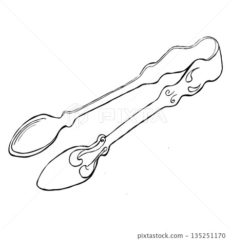 Hand drawn ornate serving tongs with decorative handle vintage kitchen utensil in black and white line art 135251170