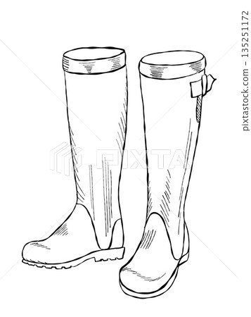 Hand drawn rubber rain boots pair in vintage sketch style isolated on white background for farming gardening or autumn season design 135251172