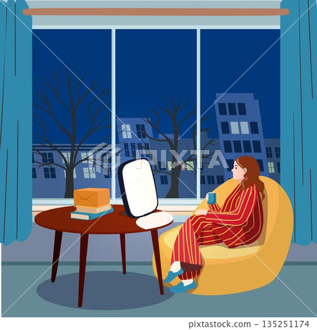 Woman in striped pajamas using light therapy lamp at night for seasonal affective disorder in cozy home interior with large window and winter city view Woman in striped pajamas using light therapy lamp at night for seasonal affective disorder in cozy home interior with large window and winter city view 135251174