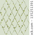 Lattice of curved lines illustration. Soft green plant element on green background. Abstract geometry rhomb design element. Graceful plant ornament 135251391