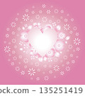 Pink white background with heart and flowers. Delicate wedding decor. Many little flowers. Delicate greeting card design in classic style 135251419