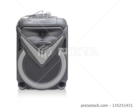 front view black and grey speaker with wired mic on white background, object, decor, technology, electric, copy space 135251431