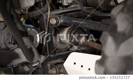 Old car suspensions. Close up car suspension wear and tear parts. CV joint Rubber boot and Control arms bushing Steering rack axles Shock absorber Brake exhaust. Gas Diesel car service repair parts. Old car suspensions. Close up car suspension wear and tear parts. CV joint Rubber boot and Control arms bushing Steering rack axles Shock absorber Brake exhaust. Gas Diesel car service repair parts. 135251727
