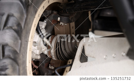 Old car suspensions. Close up car suspension wear and tear parts. CV joint Rubber boot and Control arms bushing Steering rack axles Shock absorber Brake exhaust. Gas Diesel car service repair parts. 135251732