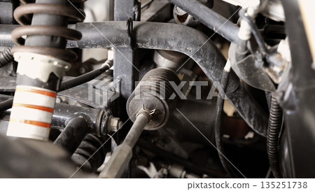 Old car suspensions. Close up car suspension wear and tear parts. CV joint Rubber boot and Control arms bushing Steering rack axles Shock absorber Brake exhaust. Gas Diesel car service repair parts. 135251738