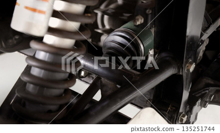 Old car suspensions. Close up car suspension wear and tear parts. CV joint Rubber boot and Control arms bushing Steering rack axles Shock absorber Brake exhaust. Gas Diesel car service repair parts. 135251744