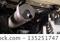 Old car suspensions. Close up car suspension wear and tear parts. CV joint Rubber boot and Control arms bushing Steering rack axles Shock absorber Brake exhaust. Gas Diesel car service repair parts. 135251747
