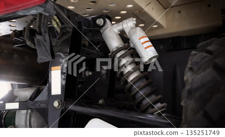 Old car suspensions. Close up car suspension wear and tear parts. CV joint Rubber boot and Control arms bushing Steering rack axles Shock absorber Brake exhaust. Gas Diesel car service repair parts. 135251749