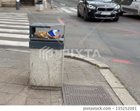 Public trash bin with plastic bottle and paper waste near crosswalk in urban street. Environmental concern, waste disposal, and sanitation issue in modern city life. Public trash bin with plastic bottle and paper waste near crosswalk in urban street. Environmental concern, waste disposal, and sanitation issue in modern city life. 135252081