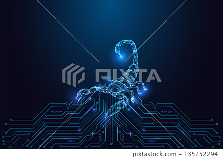 Glowing low-poly scorpion above circuit board lines. Cybersecurity threats Vector illustration Glowing low-poly scorpion above circuit board lines. Cybersecurity threats Vector illustration 135252294