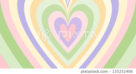 Heart pattern with pastel green, pink, yellow, and purple groovy stripes forming concentric heart shapes. Cute retro vector background perfect for posters, fabric, wrapping paper, and romantic design. Heart pattern with pastel green, pink, yellow, and purple groovy stripes forming concentric heart shapes. Cute retro vector background perfect for posters, fabric, wrapping paper, and romantic design. 135252406