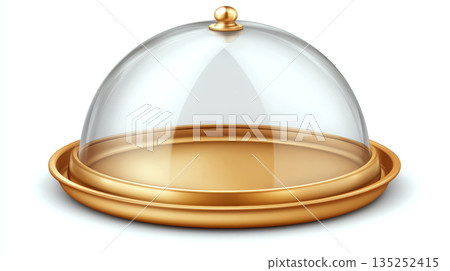 A glass cloche with a golden base is placed on a white background. Concept of elegance and presentation in dining. 135252415