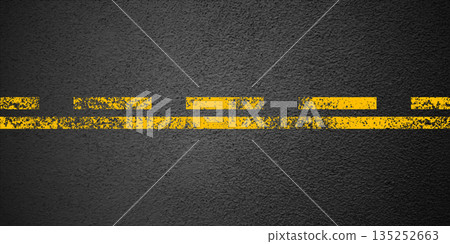 Asphalt road with yellow lane marking, concrete highway surface, texture. Street traffic line, road dividing strip. Pattern with grainy structure, grunge stone background. Vector illustration Asphalt road with yellow lane marking, concrete highway surface, texture. Street traffic line, road dividing strip. Pattern with grainy structure, grunge stone background. Vector illustration 135252663