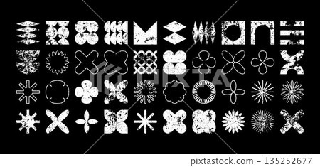 Brutalist geometric shapes, modern grunge symbols. Simple primitive elements and forms, distressed details. Retro design, aged, vintage, trendy contemporary minimalist style, y2k. Vector illustration Brutalist geometric shapes, modern grunge symbols. Simple primitive elements and forms, distressed details. Retro design, aged, vintage, trendy contemporary minimalist style, y2k. Vector illustration 135252677