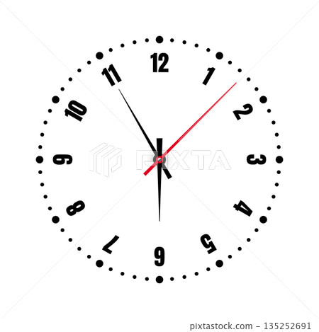 Mechanical clock face with arabic numerals, bezel. Watch dial with minute, hour marks and numbers. Timer or stopwatch element. Blank measuring circle scale with divisions. Vector illustration Mechanical clock face with arabic numerals, bezel. Watch dial with minute, hour marks and numbers. Timer or stopwatch element. Blank measuring circle scale with divisions. Vector illustration 135252691
