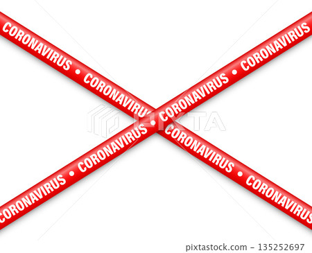 Quarantine zone warning tape. Novel coronavirus outbreak. Global lockdown. Red coronavirus danger stripe. Police caution line, restricted area. Construction tape. Vector illustration 135252697