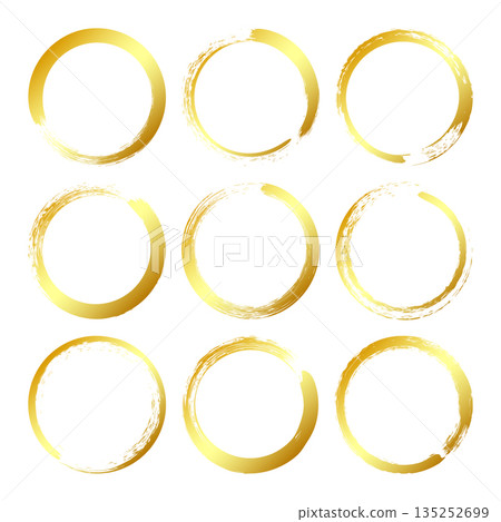 Golden grunge circles, brush strokes, lines, ink smudges, hand-drawn scribble shapes. Handmade sketchy marks, acrylic stains, charcoal streaks. Paint textures, dry brush effect. Vector illustration 135252699