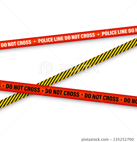 Barricade construction tape. Colorful police warning line, brightly colored danger or hazard stripe, ribbon. Restricted area, zone. Attention symbol. Vector illustration 135252700