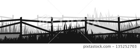 Meadow silhouettes with grass and old wooden fence. Countryside, panoramic summer lawn rural landscape with herbs, weeds. Herbal border, frame element. Black horizontal banners. Vector illustration 135252703
