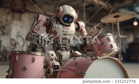 A vintage pink robot playing the drums in an industrial setting. Futuristic android drummer and artificial intelligence in music concept 135252778