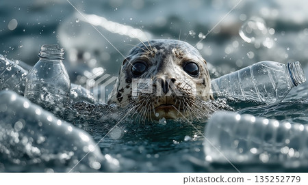 Harbor seal swimming among floating plastic bottles in the ocean. Marine pollution and environmental waste concept 135252779