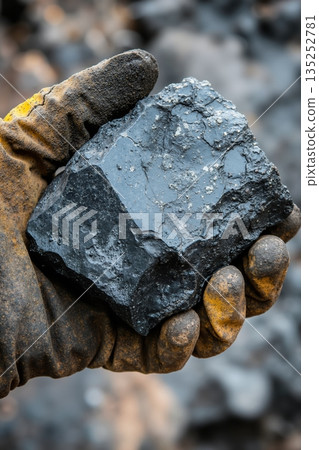 A worker's hand in a dirty glove holding a large lump of black coal. Vertical close-up of a raw mineral from a mine. Fossil fuel and heavy industry concept 135252781