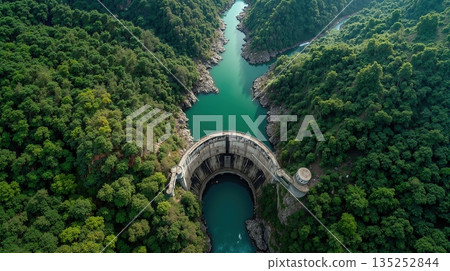 Dam surrounded by lush green forest and tranquil river, aerial view of scenic mountain landscape Dam surrounded by lush green forest and tranquil river, aerial view of scenic mountain landscape 135252844