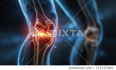Detailed illustration of human knee joint with highlighted ligaments and circulatory system in blue and orange tones 135252860