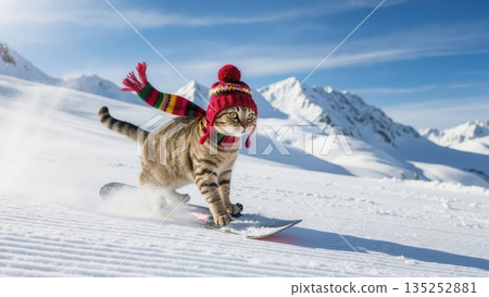 A funny tabby cat in a red hat and scarf snowboarding down a snowy mountain. An adorable pet enjoying winter sports on a sunny day. Humorous animal adventure concept A funny tabby cat in a red hat and scarf snowboarding down a snowy mountain. An adorable pet enjoying winter sports on a sunny day. Humorous animal adventure concept 135252881